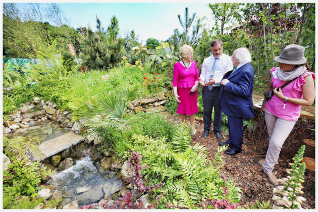 President Michael D Higgins and Sabina Higgins meet designers Ruairi O'Dulaing and NIcola Haines on the DLR Fernhill 'An Exercise in Sustainability' garden. Photo Chris Bellew / Fennell Photography