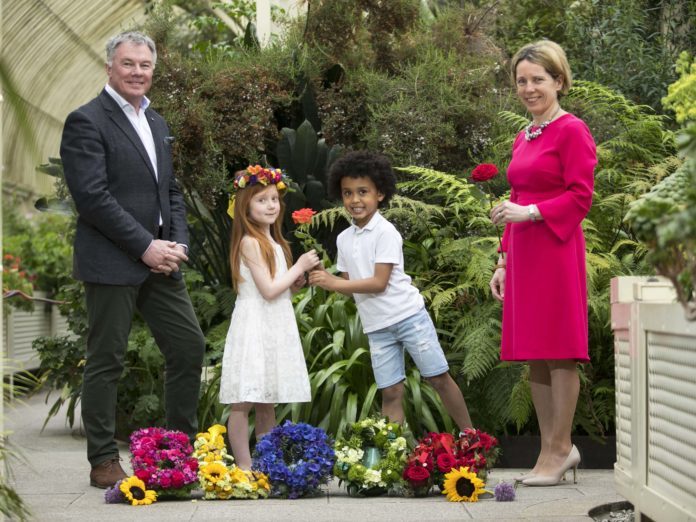 An upside down garden, the challenges of urban living, skin cancer awareness, gender inequality, sustainable fishing and biodiversity are among the issues which will be brought to life in some of the stunning show gardens at Bord Bia's Bloom which returns to the Phoenix Park Dublin from 31st May to 4th June 2018. The five day event which showcases the best of Ireland's horticulture and food industry will feature 20 spectacular show gardens and endless garden and floral features. Bloom offers a great out for all the family featuring arts, crafts, music, food and drink as well as talks, debates, workshops and live cookery demonstrations with some of Ireland's best loved chefs. Pictured at the Botanic Gardens Glasnevin, for the launch of Bord Bia's Bloom were: Gary Graham, Bord Bia's Bloom Show Manager, Tara McCarthy, CEO Bord Bia and children Skye Toal aged 5 from Finglas with Mateus Carvalho aged 6 from Athlone. Picture Chris Bellew / Fennell Photography 2018