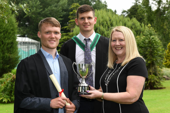 4. Horticulture Awards -25 june 2019-DAS_0300 Greenkeeping Cadet Martyn Cullen (Carrigart, Co Donegal) was awarded a Level 2 Work-based Diploma in Horticulture (Sports Turf) and received The Golfing Union of Ireland Prize as the top Golfing Union of Ireland (GUI) Greenkeeping Cadet. Congratulating him on his success are Wendy Cole (R&A) and Fergal Greenan (Lecturer, CAFRE)