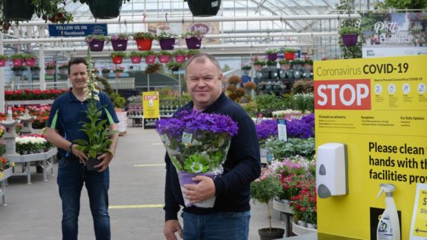 Nigel McEvoy (left), operations manager, and Carl Jones, owner, of Jones Garden Centre, Donabate have been making their centre safe for customers in the ongoing pandemic ahead of their reopening. Photograph: Alan Betson/The Irish Times